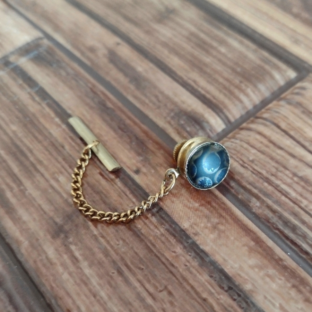 Vintage Natural Stone Gold Tone Tie Pin w/ Chain Black Stone T-Bar Men's Jewelry